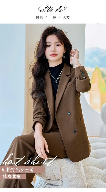 Autumn Winter 2024 New Apricot Coffee Black Elegant Double Breasted Blazer Top And Women High Waist Wide Leg Pant Two Piece Set