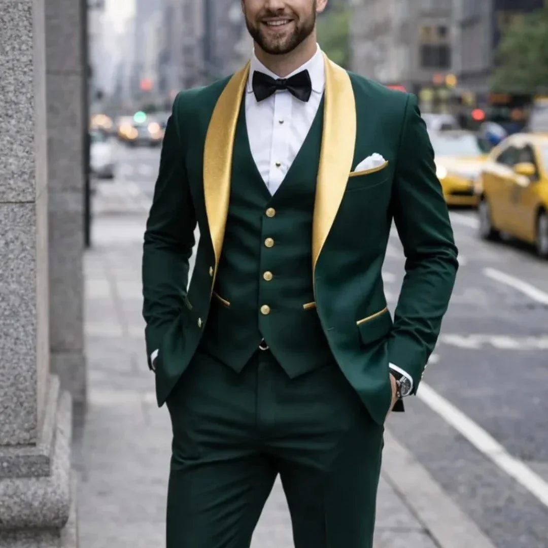 Men Suit Dark Green 3 Piece With Gold Lapel Single Button For Wedding Birthday Banquet Party Business Work Jacket Vest Pants
