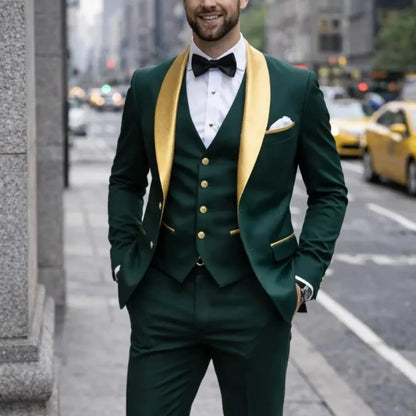 Men Suit Dark Green 3 Piece With Gold Lapel Single Button For Wedding Birthday Banquet Party Business Work Jacket Vest Pants