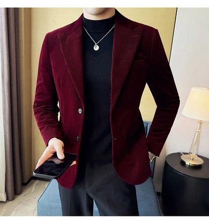 Corduroy Stripe Suit Jacket For Men Autumn Winter Business Slim Fit Tailcoat Formal Wedding Party Fashion Casual Suit Coat 4XL-M