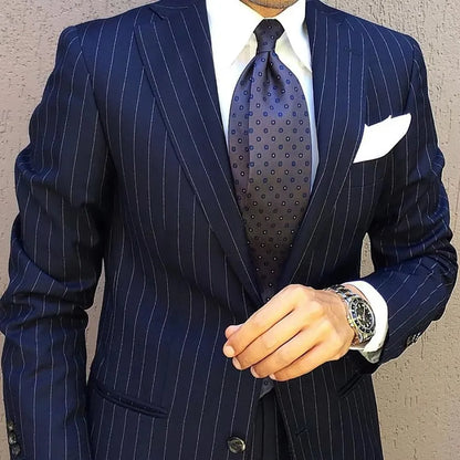 Navy Blue Striped Men Suits Single Breasted Blazer Groom Tuxedos Slim Fit 2-Piece Formal Business Men Clothing Costume Homme