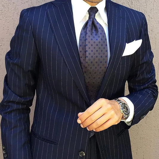 Navy Blue Striped Men Suits Single Breasted Blazer Groom Tuxedos Slim Fit 2-Piece Formal Business Men Clothing Costume Homme