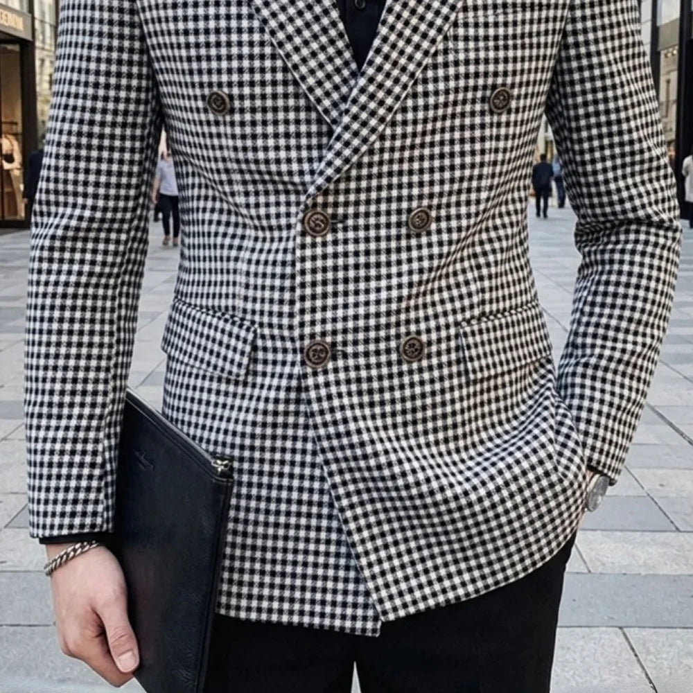 Slim Fit Plaid Men Suit Jacket 1 Piece Double Breasted Houndstooth Check Male Blazer For Wedding Prom Party tweed blazer coats