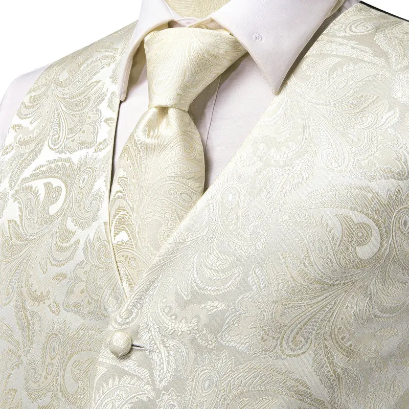 Men's Double Breasted Jacquard Waistcoat Vest Tie Pocket Square Set – Ivory Paisley Wedding & Formal Suit