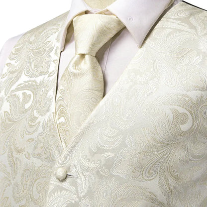 Men's Double Breasted Jacquard Waistcoat Vest Tie Pocket Square Set – Ivory Paisley Wedding & Formal Suit