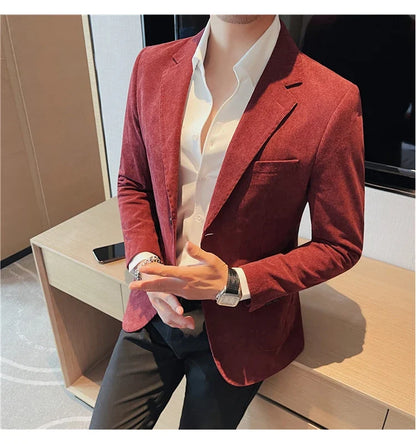 2023 Fashion Men's Corduroy Blazers Top Quality Business Casual Suit Jackets Slim Fit Wedding Groom Streetwear Social Dress Coat