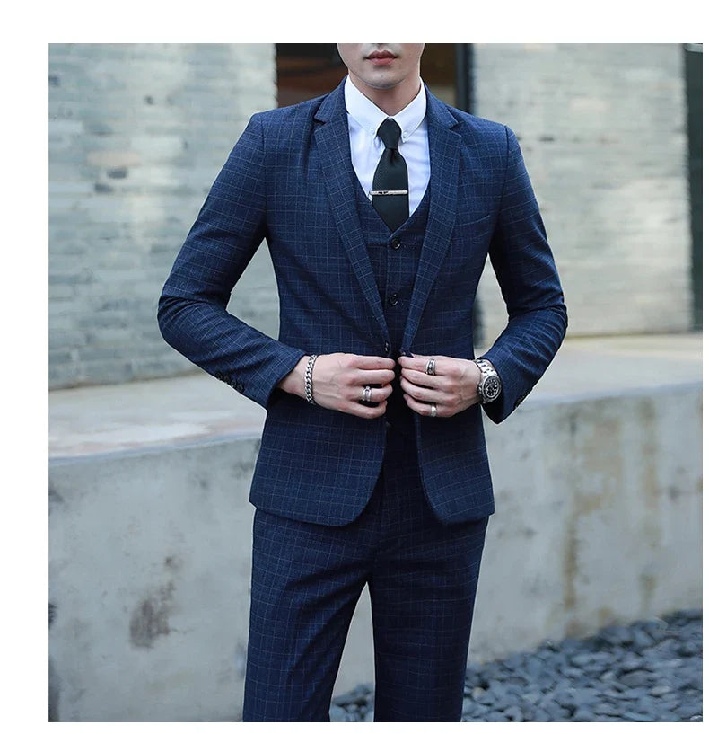 Men's Autumn Winter Trendy Three-Piece Suit Set Slim Fit Stylish Vest Trousers Ensemble Handsome Personality Wardrobe Essential