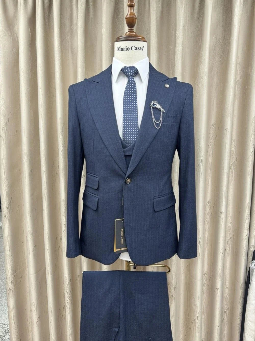 Formal Blue Men's Striped Suit Set 3 Pieces Office Outfit Classic Peak Lapel Long Sleeved Suits For Business Party Tuxedo S-3XL