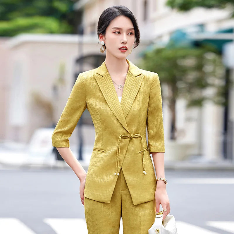 Chinese style Spring Summer Women Elegant Office Work Three Quarter Blazer Tops And Flare Pant Fashion Oversize Two Piece Suits