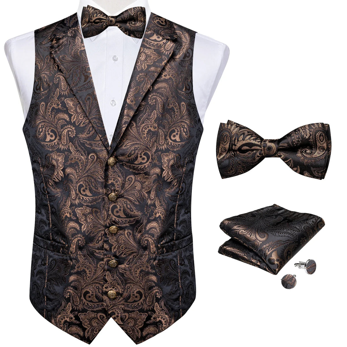 Men's Paisley Suit Vest Set with Tie, Pocket Square & Cufflinks for Wedding & Formal Events