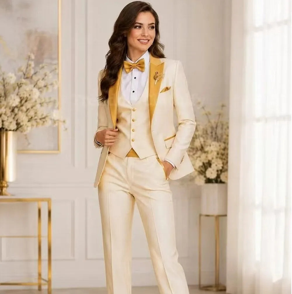 Gold And LIght Yellow Formal Business Women Suit Wedding Party Prom Mother Girl Tuxedos Costume 3 Piece Set Blazer Vest Pants