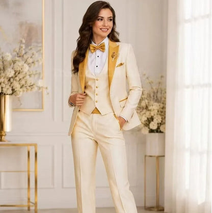 Gold And LIght Yellow Formal Business Women Suit Wedding Party Prom Mother Girl Tuxedos Costume 3 Piece Set Blazer Vest Pants