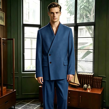 Men's 2-Piece Suit No Lapel Cross V-Neck Loose Blazer & Trousers – Wedding & Formal Occasions