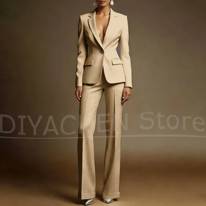 Women's White Suit Set Slim Fit Two Piece Jacket and Wide Leg Pants Office Casual Formal Occasions Elegant Female Outfit