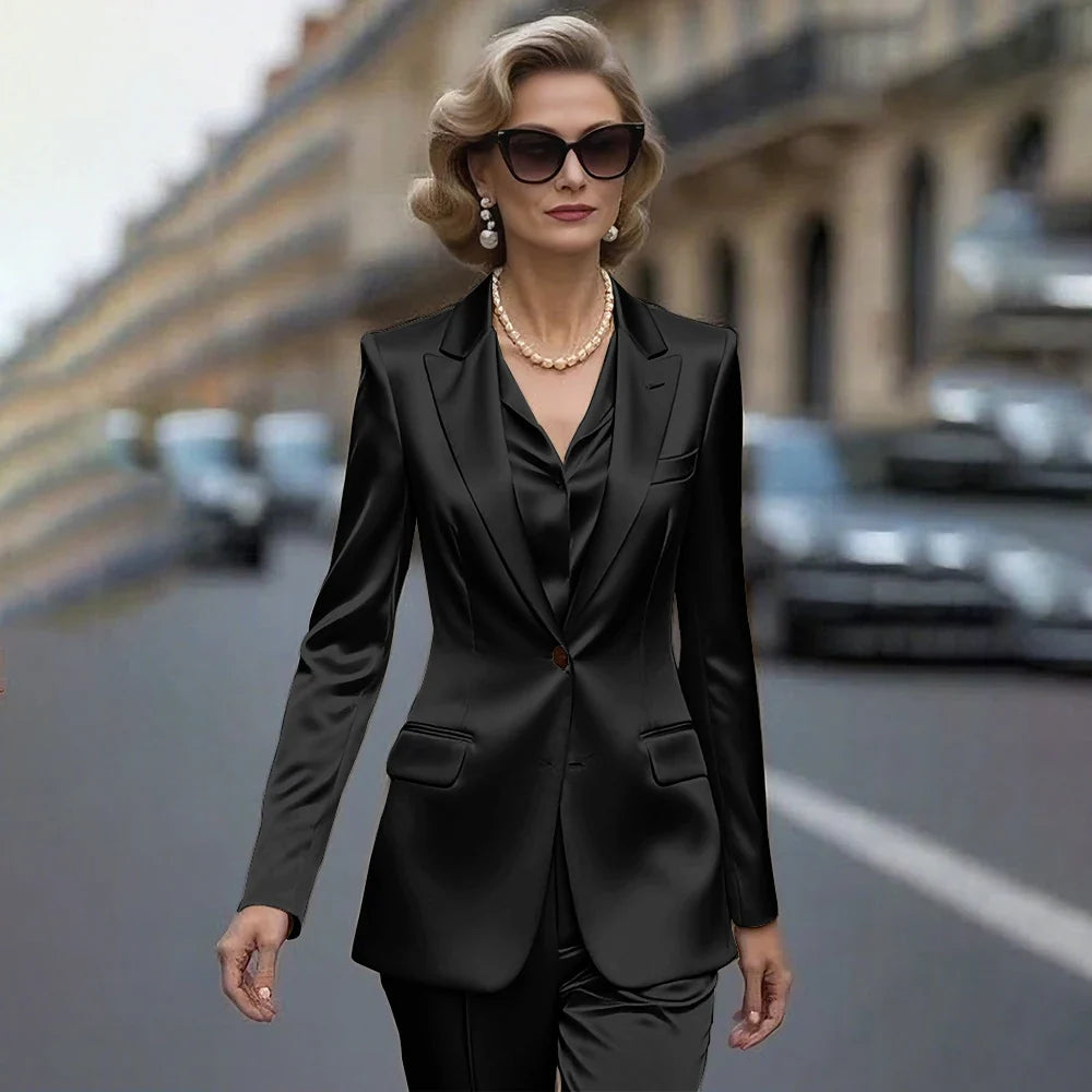 Women's Gold Satin Blazer Suit Set Stylish Single-Breasted Jacket+Pants Luxe Shiny Two-piece for Cocktail Party Wedding Guest