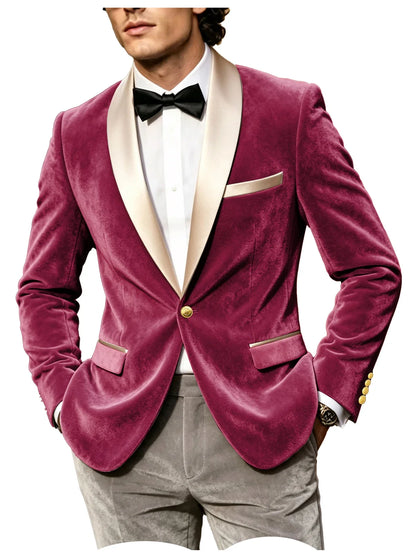 Men Velvet Tuxedo Jacket Champagne Satin Shawl Lapel Slim Fit Blazer Wedding Groom Party Prom Formal Western Dinner Suit Coat