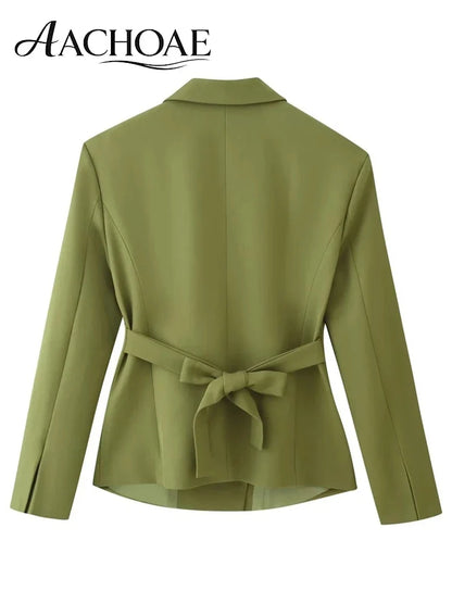 Women's Belted Waist Blazer Jacket Double Button Slim Suit Coat Long Sleeve Elegant Office Chic Minimalist Jacket