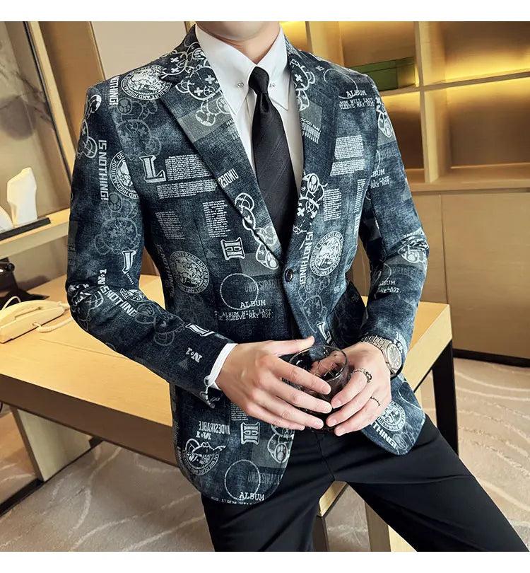 2024 Autumn Winter Jacquard Denim Suit Jacket for Men Fashion Business Casual Blazers Streetwear Social Men Clothing