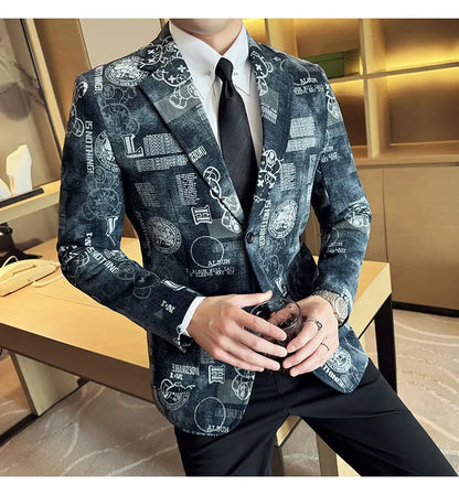 2024 Autumn Winter Jacquard Denim Suit Jacket for Men Fashion Business Casual Blazers Streetwear Social Men Clothing