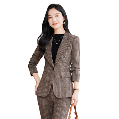 Gray Coffee Striped Ladies Formal Pant Suit Set Women Female Business Work Wear Long Sleeve 2 Piece Blazer Jacket And Trouser