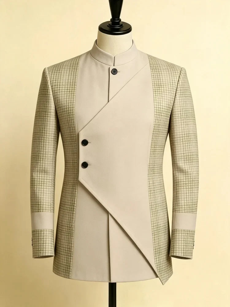 Mens Mandarin Collar Single Blazer Slim Fit Patchwork Plaid Button Jacket New Chinese Style Business Formal Outer Coat