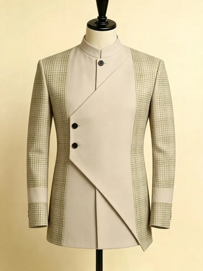 Mens Mandarin Collar Single Blazer Slim Fit Patchwork Plaid Button Jacket New Chinese Style Business Formal Outer Coat