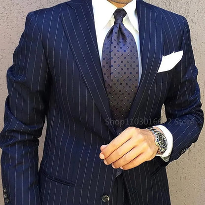 Navy Blue Striped Men Suits Single Breasted Blazer Groom Tuxedos Slim Fit 2-Piece Formal Business Men Clothing Costume Homme