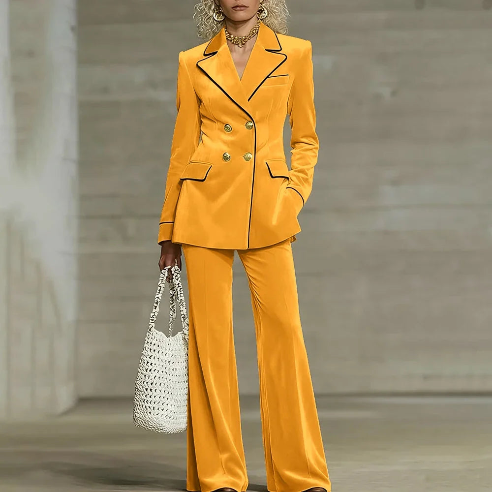 Luxury Women Yellow Velvet Clothing Double-Breasted Blazer+Pants Sets Elegant Winter Daily Suit Slim Fit Office Outerwears