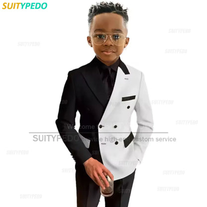 Fashion White And Burgundy Splicing Suit Sets For Boys School Activities Children Host Slim Fit Outfit Classic Blazer Pants 2Pcs