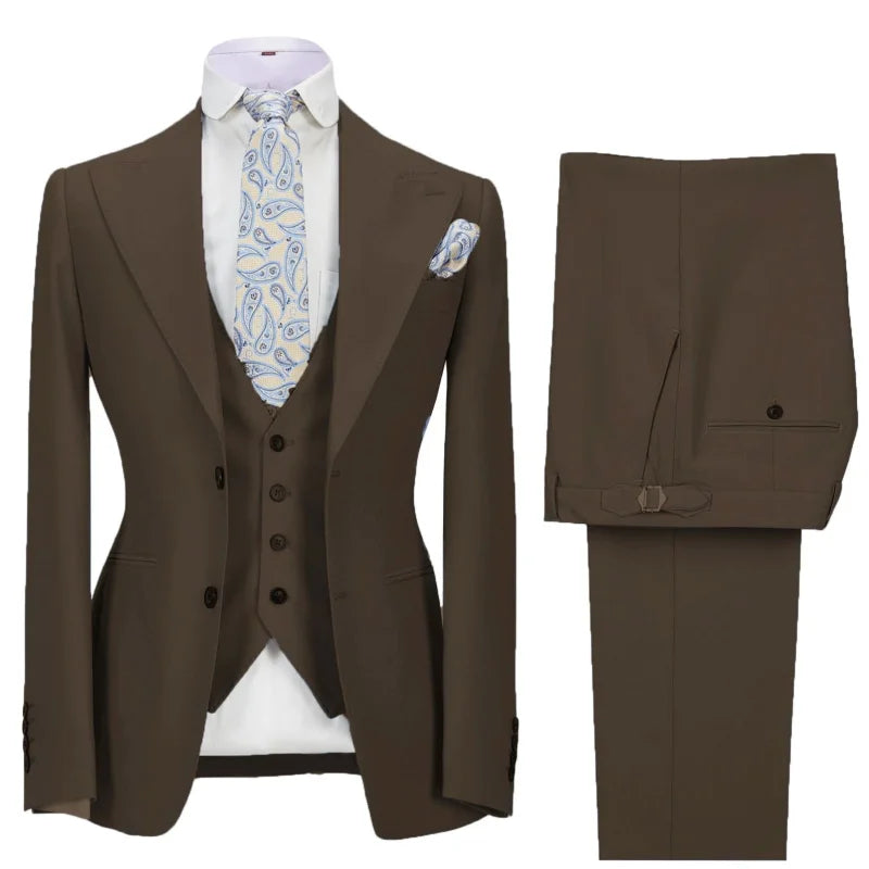 Men Suit 3 Pieces Beige Solid With Lapel Business Casual For Wedding Banquet Work Tuxedo Set Jacket Vest With Pants