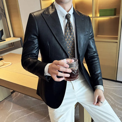 Korean Waffle Leather Suit Jacket Men's Business Casual PU Leather Blazer Slim Fit Wedding Groom Office Social Formal Coats 2026