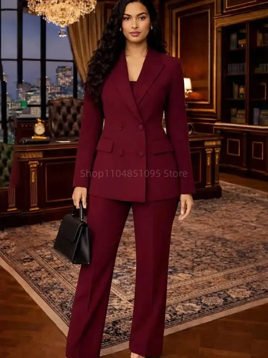 New Women Suits Fashion Double Breasted Business Blazer Burgundy Casual Coat Trousers 2 Pcs Set Office Ladies Wear Suit Pants