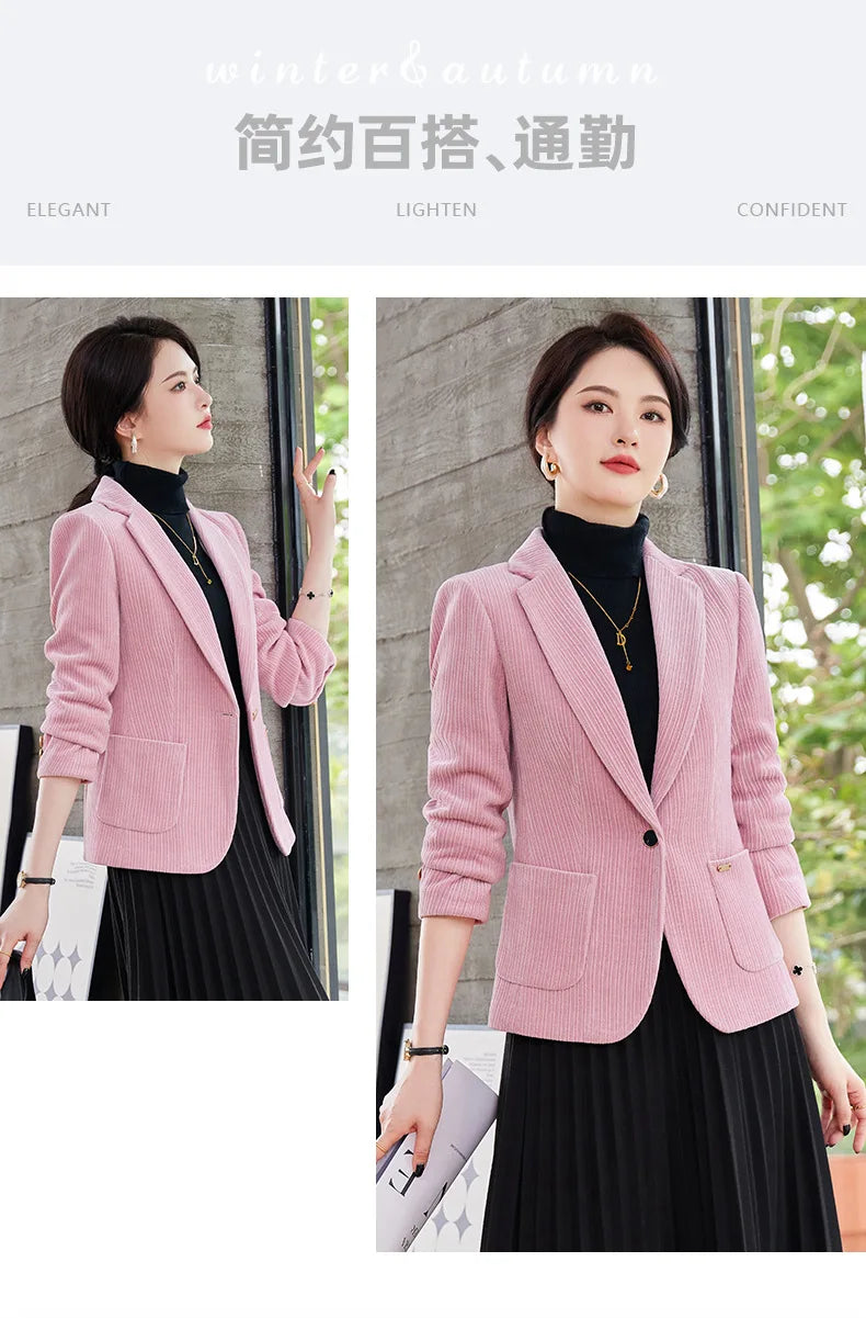 Autumn and Winter Blazer Women's Corduroy New Long Sleeve Professional Blazer Women's Coat Office Female Blazers Jacket Coat