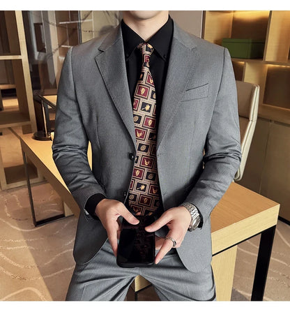 Men's bird's eye pattern high-end craftsmanship summer thin suit set, two-piece wedding banquet business casual suit