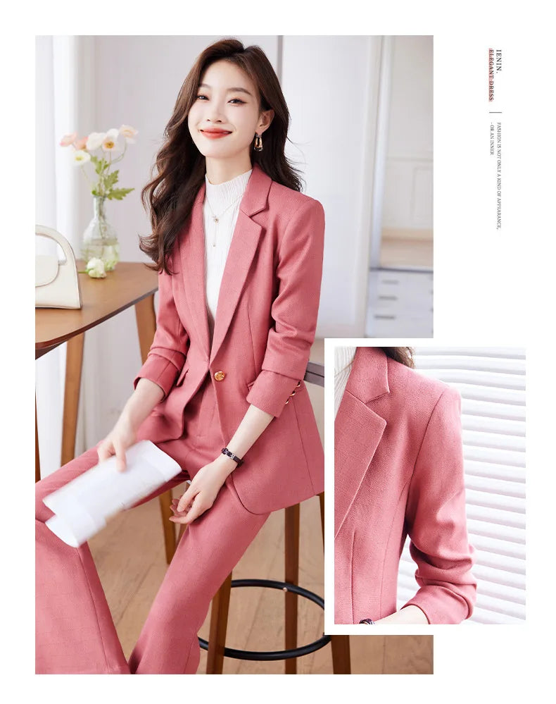Pink Blue Black Women Pant Suit High Quality 2 Piece Set Office Ladies OL Girl Formal Jacket Blazer And Trousers For Work Wear