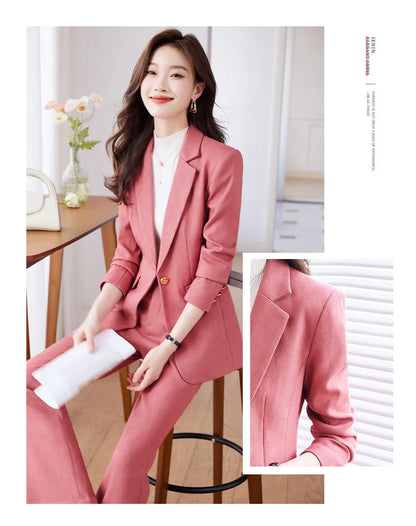 Pink Blue Black Women Pant Suit High Quality 2 Piece Set Office Ladies OL Girl Formal Jacket Blazer And Trousers For Work Wear