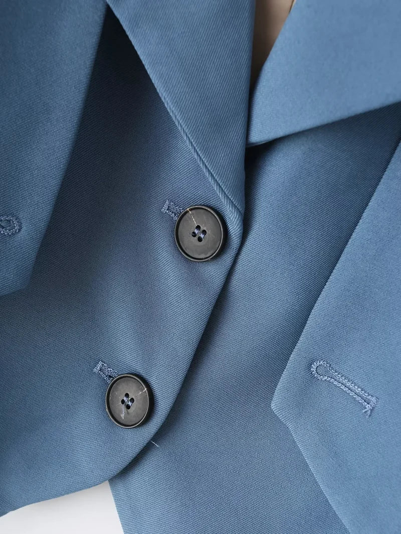 Women's Blue Blazer Jacket Vintage Office Ladies Long Sleeve Single Breasted Cropped Outerwear Suit Coat Y2k 2000s Spring Autumn