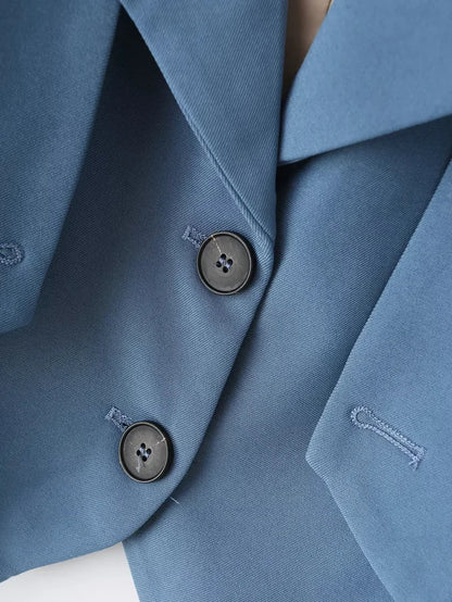 Women's Blue Blazer Jacket Vintage Office Ladies Long Sleeve Single Breasted Cropped Outerwear Suit Coat Y2k 2000s Spring Autumn