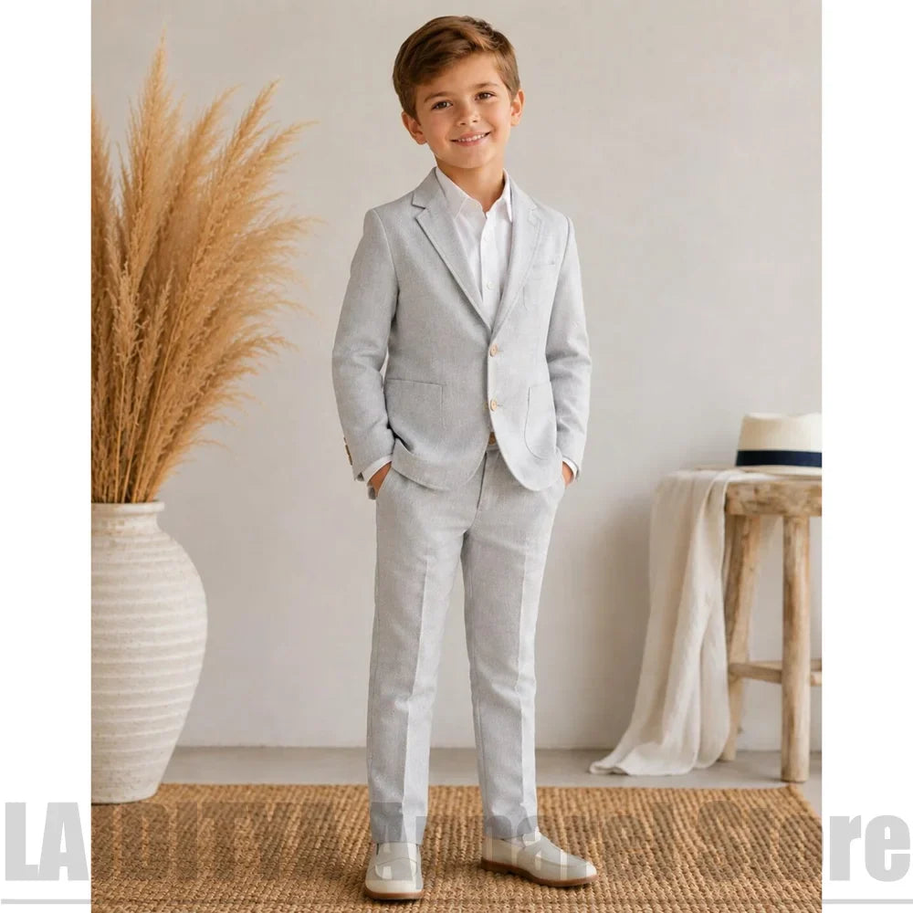 Beige Linen Single Breasted Boys Suit 2 Piece Set Kids Page Boy Wedding Blazer Pants Outfit For Summer Beach Casual Daily Party