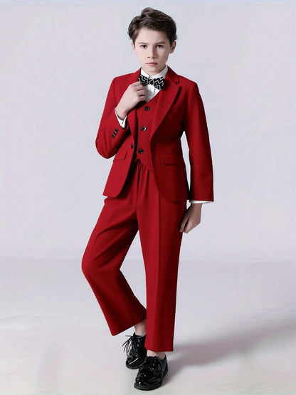 Boys Wedding Party Dress Children Performance Costome Kids New Year Red 4Pieces/Set Jacket Vest Pants Bowtie Photography Suit