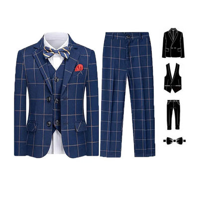 Gentleman Kids Blue 4Piece/Set Jacket Vest Pants Bowtie Photograph Suit Boys Piano Dress Children Graduation Performance Costume