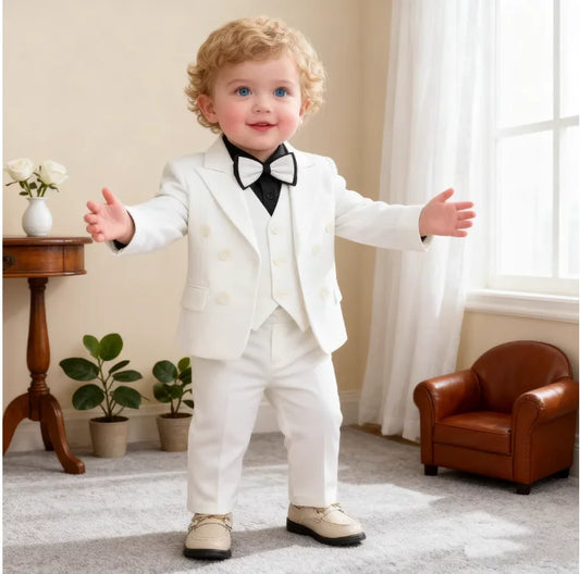 Children's White Suit Set Boys Autumn Winter Piao Host Speech Performance Costume Kids Wedding Birthday Party Photography Outfit