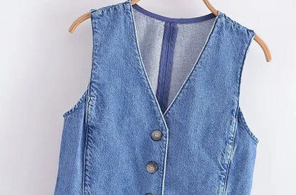 Women Fashion Front Button Denim Waistcoat Vintage V Neck Sleeveless Female Outerwear Chic Vest Tops