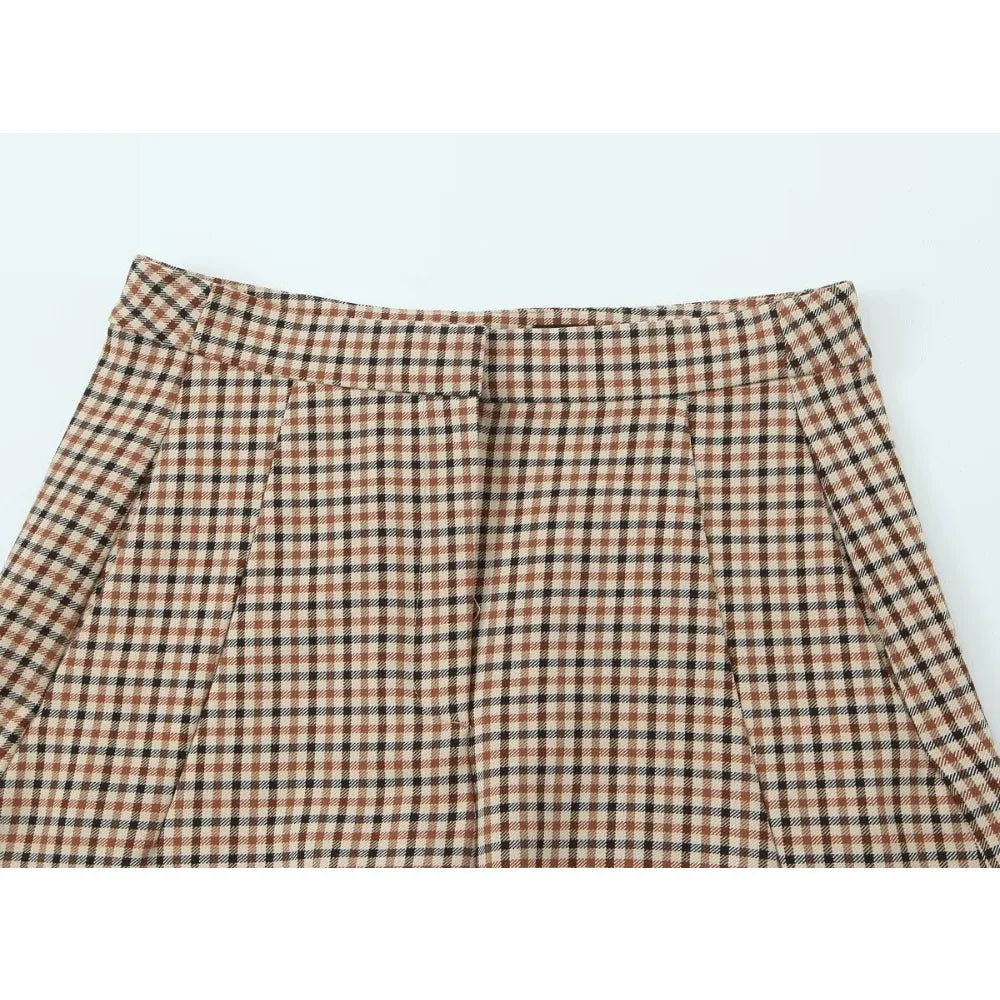 Stylish Plaid Pant Suits for Women New in Commuting Style Two Pieces Straight Plaid Blazer Matching Tonal Pleated Wide Leg Pants