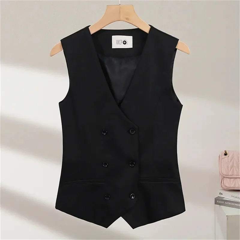 2025 Summer V-Neck Vest Women Thin Loose Waistcoat Double-breasted Sleeveless Blazer Female Slim Short Vest Femme Slim Buttons