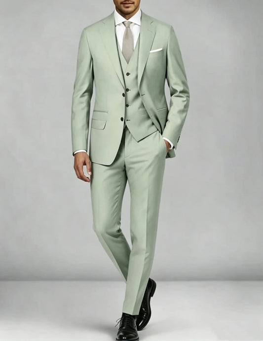 Fashion Green Men Suits 3 Piece Slim Fit Groomsmen Groom Wedding Tuxedo Single Breasted Notch Lapel Blazer with Vest Pants Set