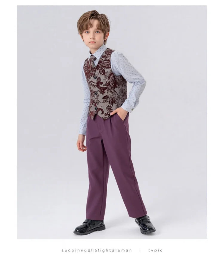Children's Embroidered Suit Set Flower Boys Wedding Outfit Kids Jacket Vest Pants Tie 4Pieces Birthdy Party Clothes Set