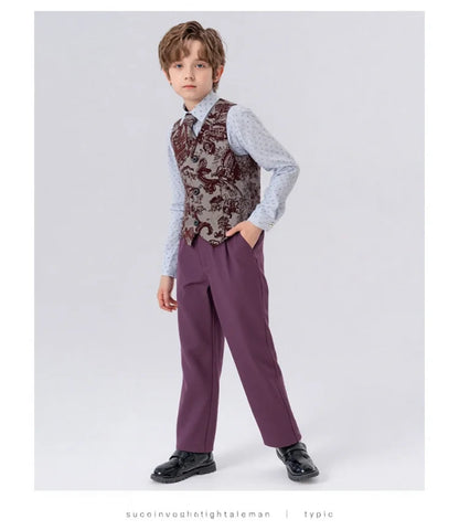 Children's Embroidered Suit Set Flower Boys Wedding Outfit Kids Jacket Vest Pants Tie 4Pieces Birthdy Party Clothes Set