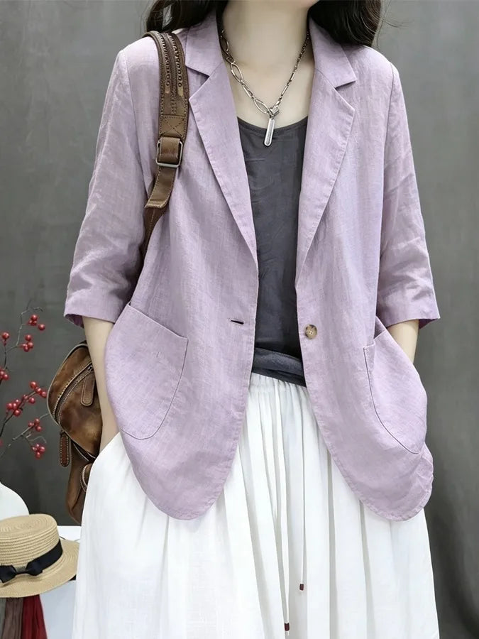 2026 New Summer Casual Cotton Linen Short Coat Women's Pure Color Suit Top Versatile Loose Fit Thin Material Seven Sleeve