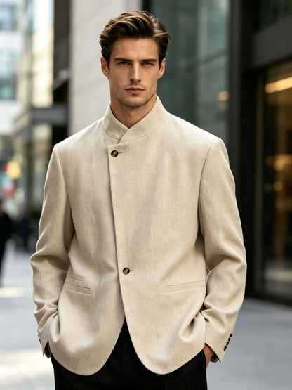  Mandarin Collar Men‘s Blazer Linen Blend Chinese Stand Collar Men Jacket Asymmetric Button Breathable Men Coat Wedding Party